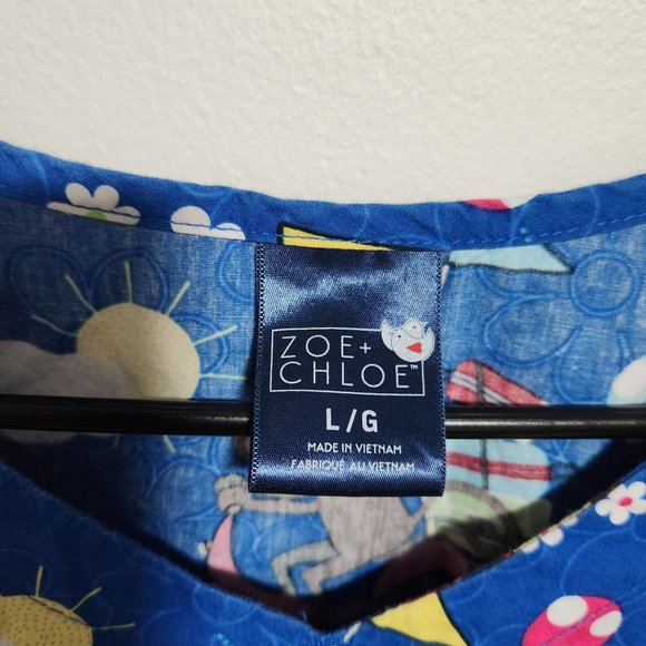 Zoe + Chloe Scrub Top Womens Size Large Blue Monkey Graphic Short Sleeve Nurse - Picture 2 of 4